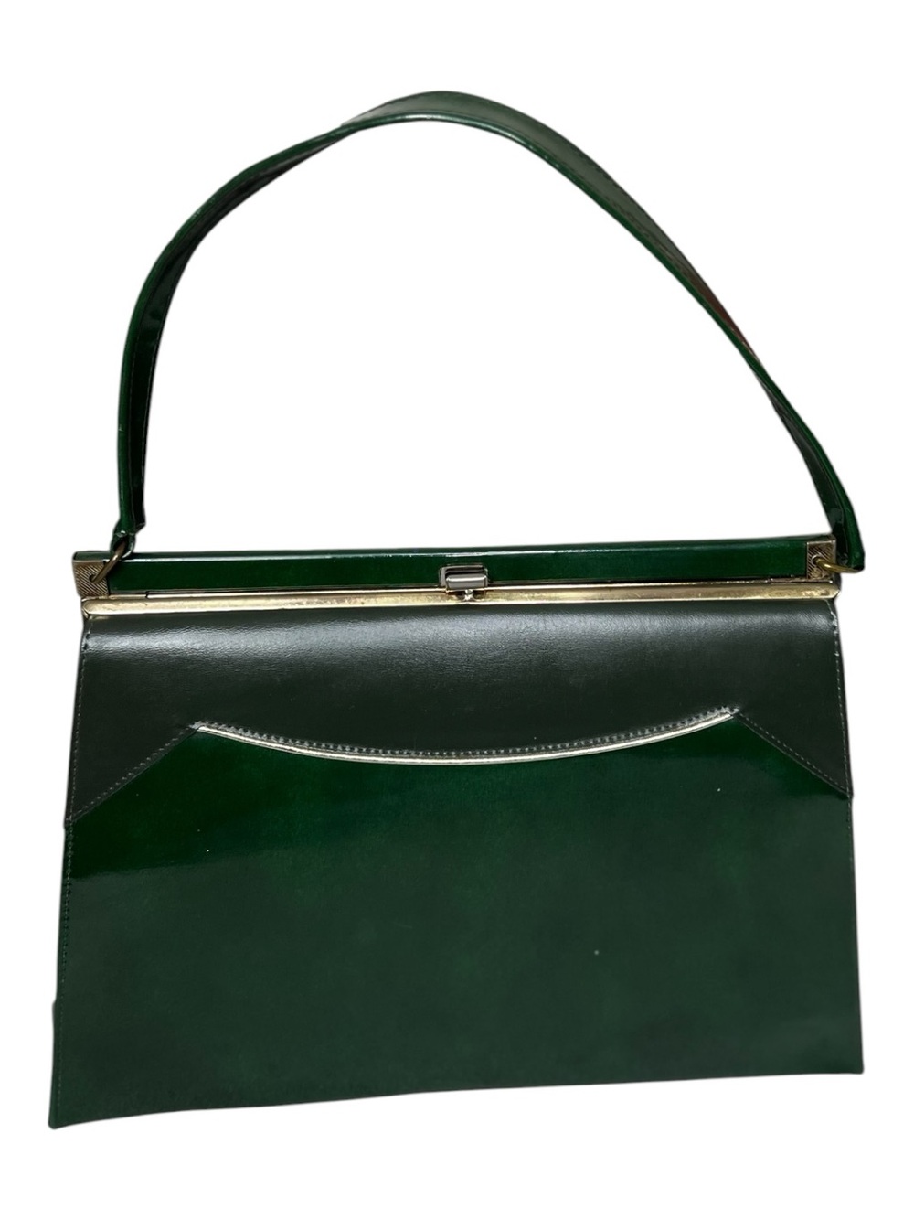 VTG 60s NATURALIZER 2 Tone Emerald Olive Green Patent Top Handle Frame Purse MCM